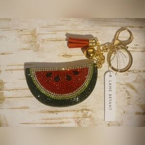 NWT Lane Bryant Watermelon Rhinestone Keychain Leather Tassel Gold Red Green